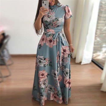 Casual Short Sleeve Long Dress Boho Floral Print Maxi Dress Turtleneck